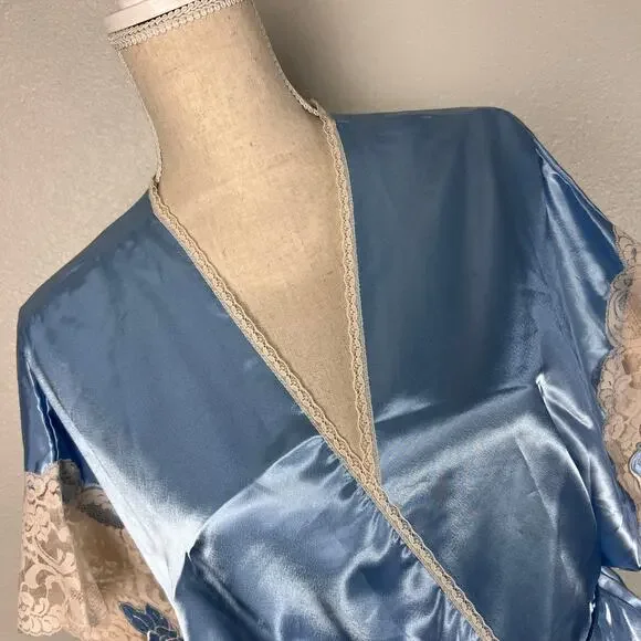 Vintage Wendy Ann Blue Satin Lace Trim Robe Kimono Wrap Dress Loungewear Large - Picture 4 of 8